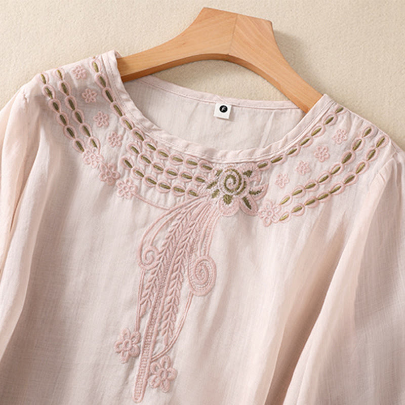 Camisa de lino y algodón de media manga con diseño hueco y cuello redondo para mujer de Buddha Stones