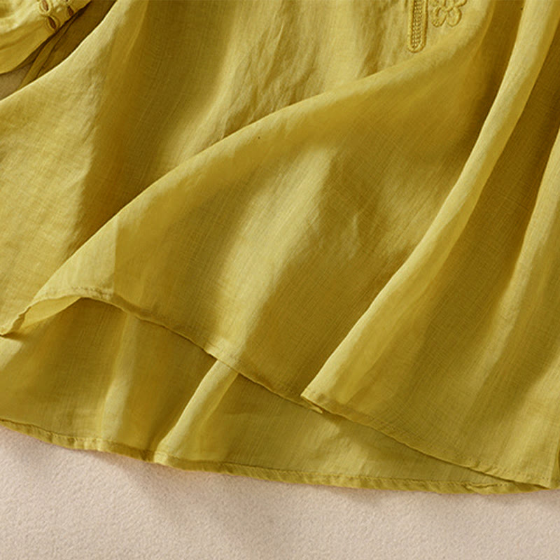 Camisa de lino y algodón de media manga con diseño hueco y cuello redondo para mujer de Buddha Stones