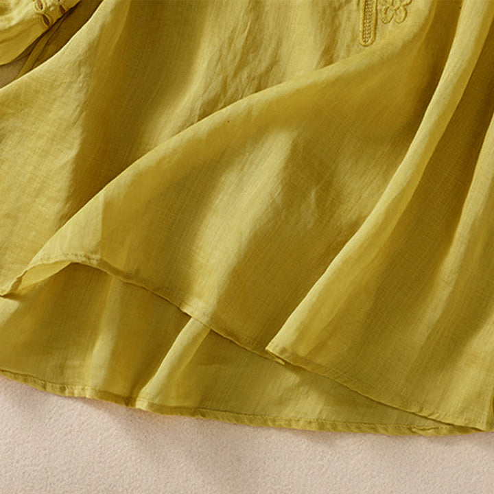 Camisa de lino y algodón de media manga con diseño hueco y cuello redondo para mujer de Buddha Stones