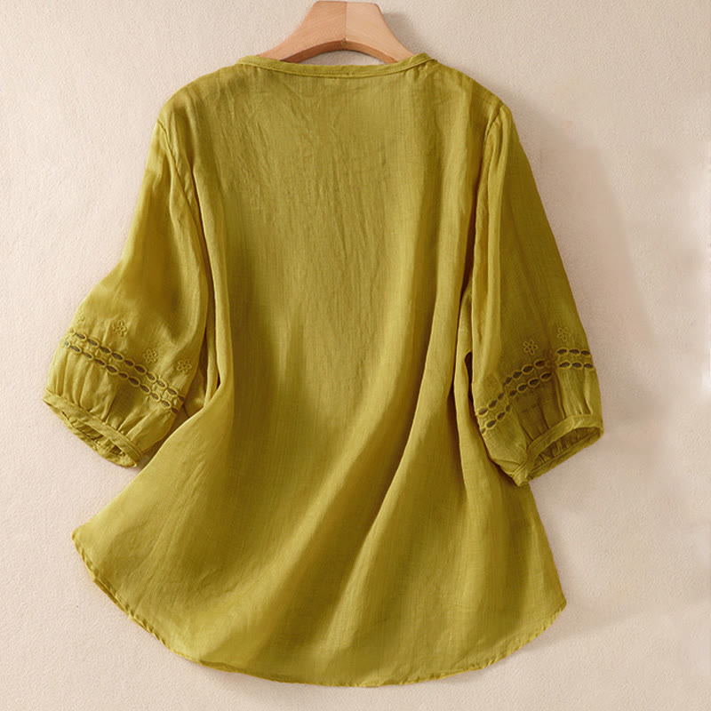 Camisa de lino y algodón de media manga con diseño hueco y cuello redondo para mujer de Buddha Stones