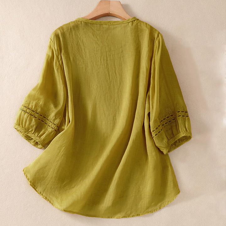 Camisa de lino y algodón de media manga con diseño hueco y cuello redondo para mujer de Buddha Stones