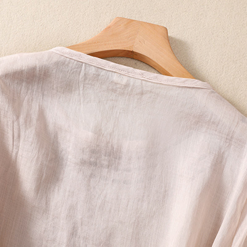 Camisa de lino y algodón de media manga con diseño hueco y cuello redondo para mujer de Buddha Stones