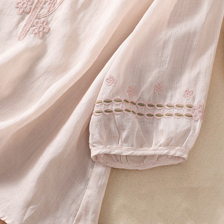 Camisa de lino y algodón de media manga con diseño hueco y cuello redondo para mujer de Buddha Stones