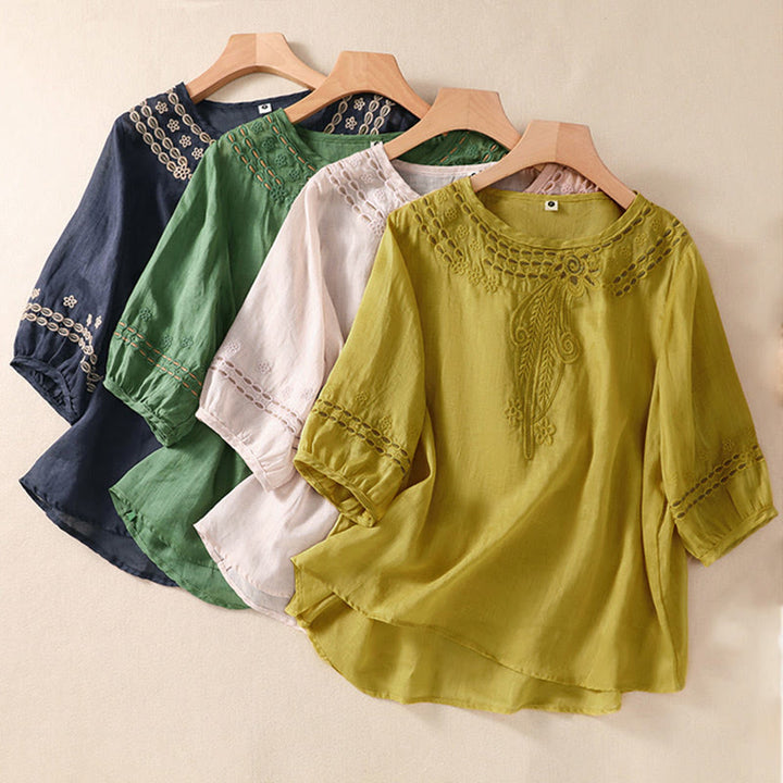 Camisa de lino y algodón de media manga con diseño hueco y cuello redondo para mujer de Buddha Stones