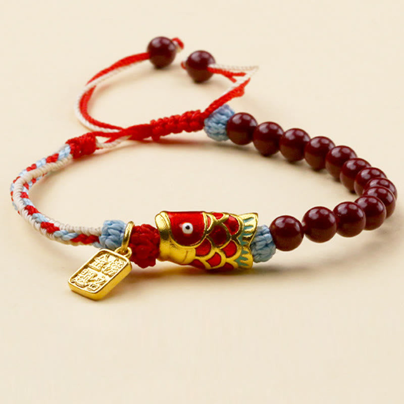Pulsera de bendición de peces koi de la suerte con cuentas de cinabrio y Buddha Stones