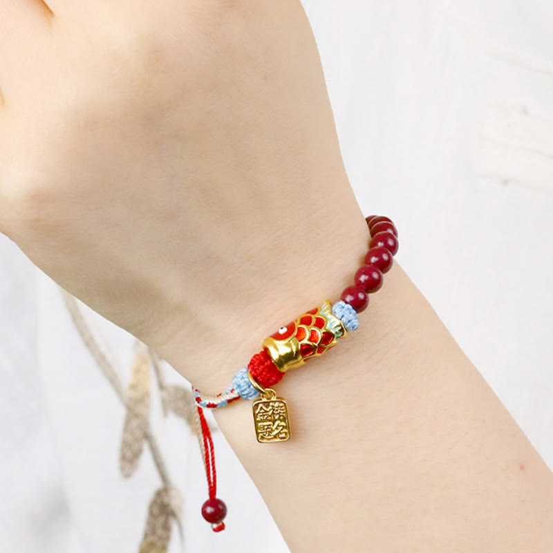 Pulsera de bendición de peces koi de la suerte con cuentas de cinabrio y Buddha Stones