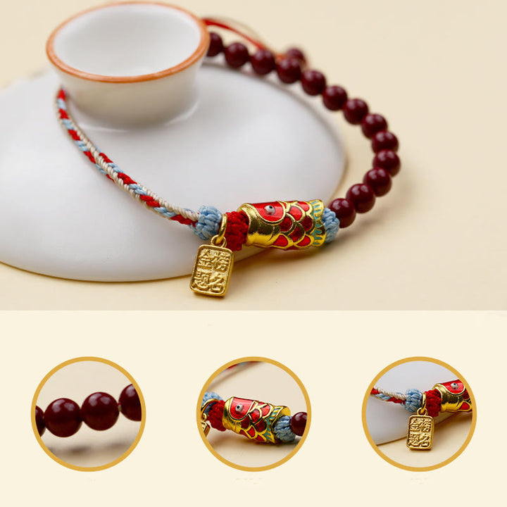Pulsera de bendición de peces koi de la suerte con cuentas de cinabrio y Buddha Stones