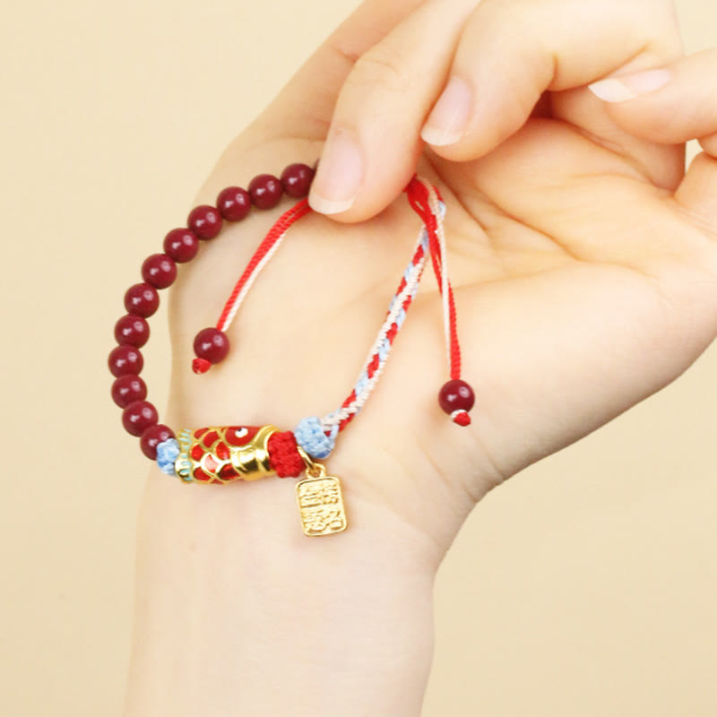 Pulsera de bendición de peces koi de la suerte con cuentas de cinabrio y Buddha Stones