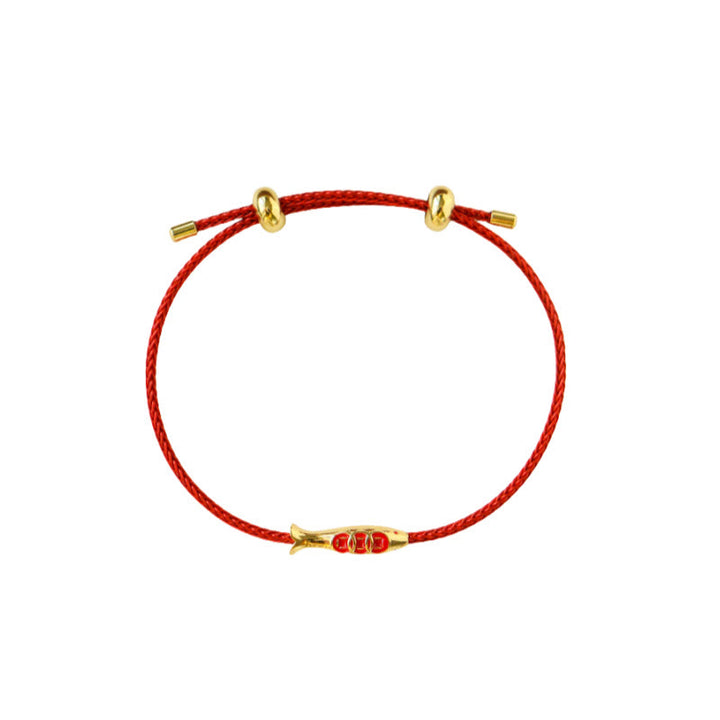 Pulsera de la riqueza de hilo rojo con pez koi de latón y Buddha Stones