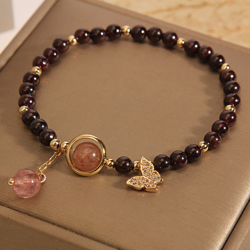 Pulsera de mariposa de cuarzo fresa y granate ultrafino de 3 mm con Buddha Stones