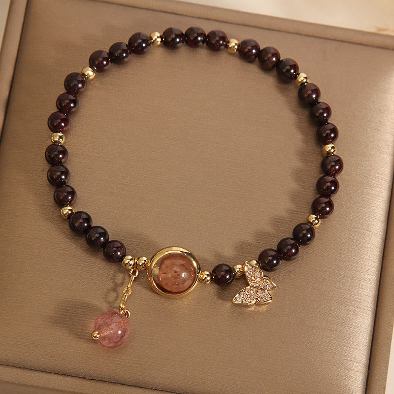 Pulsera de mariposa de cuarzo fresa y granate ultrafino de 3 mm con Buddha Stones