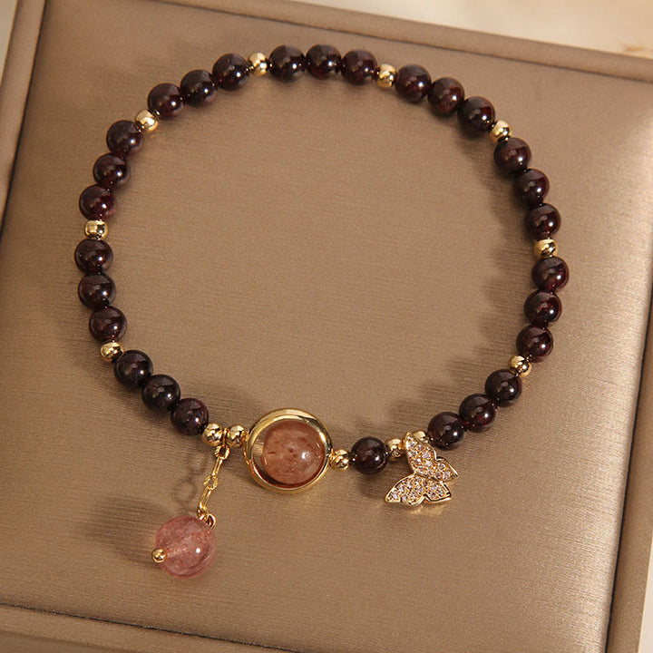Pulsera de mariposa de cuarzo fresa y granate ultrafino de 3 mm con Buddha Stones