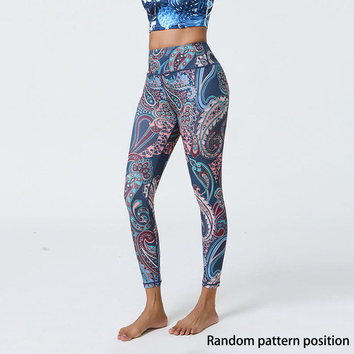 Buddha Stones flores plumas sol luna impresión deportes fitness yoga cintura alta polainas pantalones de mujer - image 1