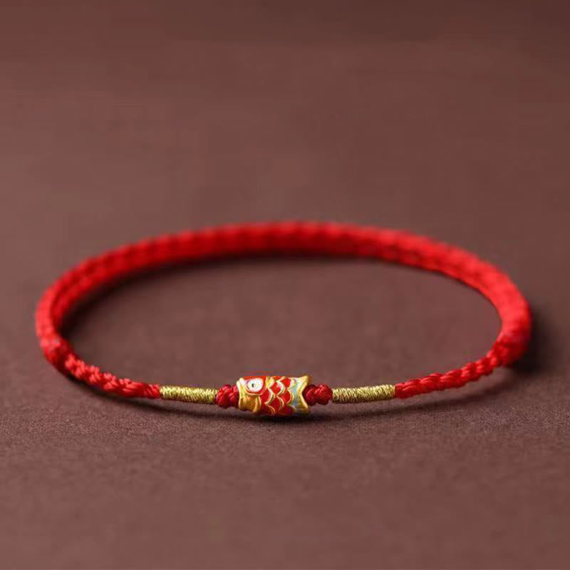 Pulsera trenzada de hilo rojo hecha a mano con Buddha Stones y pez koi - Cuerda roja y peces koi - image 1