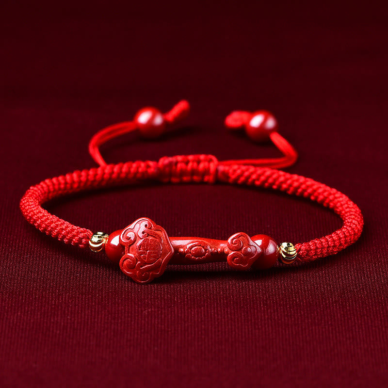 Pulsera trenzada de Pixiu, cinabrio y ruyi, hecha a mano con Buddha Stones, para la riqueza y la suerte - Barra de cinabrio Ruyi (circunferencia de la muñeca: 14-19 cm) - image 8