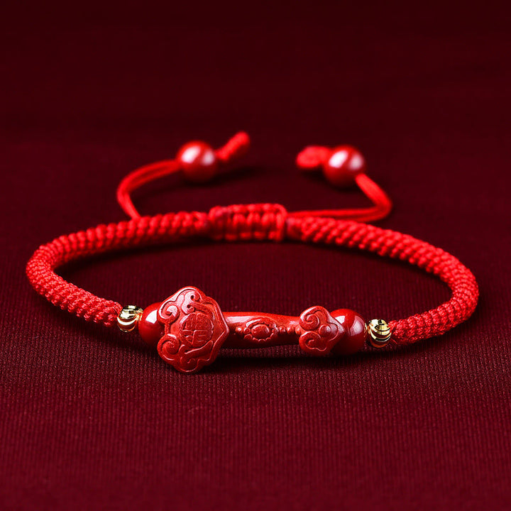 Pulsera trenzada de Pixiu, cinabrio y ruyi, hecha a mano con Buddha Stones, para la riqueza y la suerte - Barra de cinabrio Ruyi (circunferencia de la muñeca: 14-19 cm) - image 8