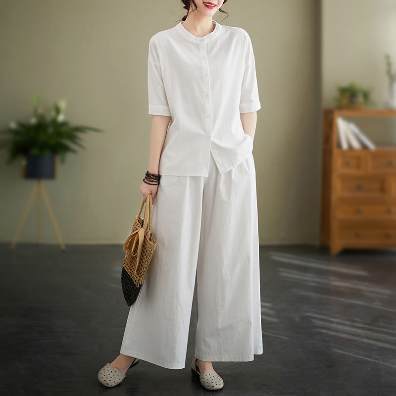 Conjunto de 2 piezas de camisa informal de manga corta con botones, pantalones anchos y bolsillos de algodón Zen con diseño de Buddha Stones y piedras de color liso para mujer - Blanco - US8-10,UK/AU12-14,EU40-42 (2XL) - image 0