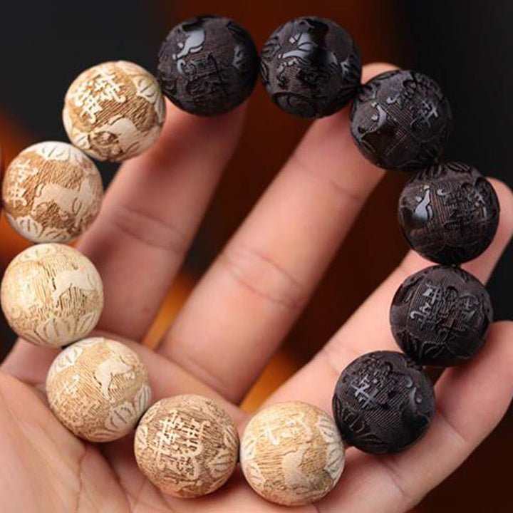 Pulsera de la paz con grabado de buey y yin yang, madera de ébano y madera de alcanfor con Buddha Stones - image 5