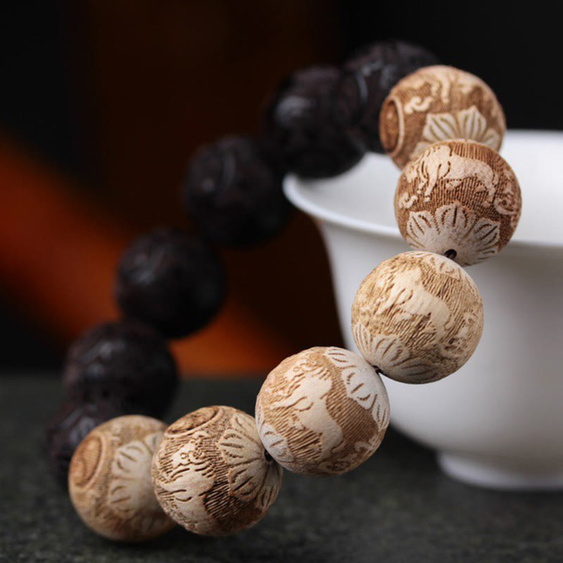 Pulsera de la paz con grabado de buey y yin yang, madera de ébano y madera de alcanfor con Buddha Stones - image 2