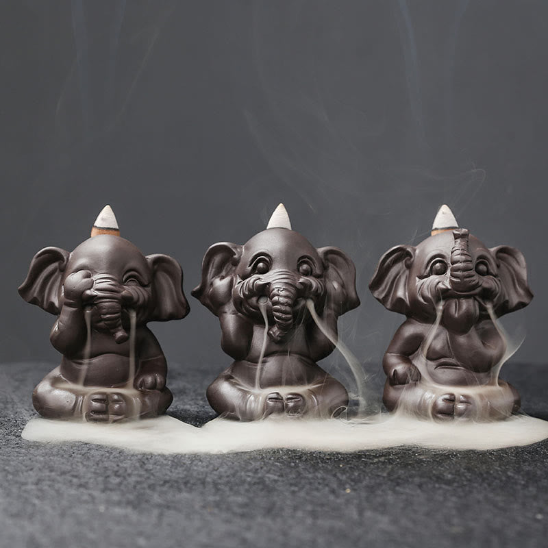 Quemador de incienso con reflujo de arcilla morada, diseño de elefante, Buddha Stones , para sanación y paz - Juego de 3 elefantes - image 1