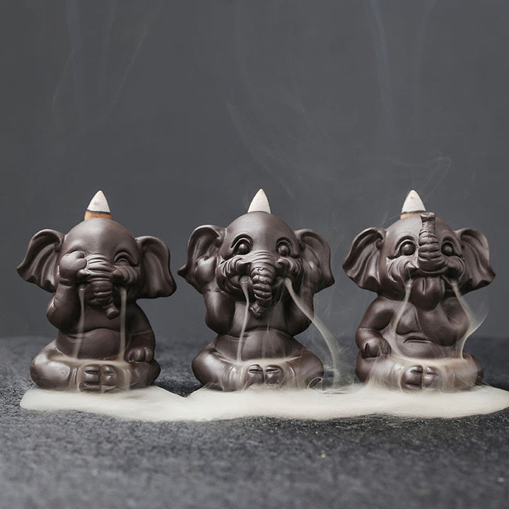 Quemador de incienso con reflujo de arcilla morada, diseño de elefante, Buddha Stones , para sanación y paz - Juego de 3 elefantes - image 1