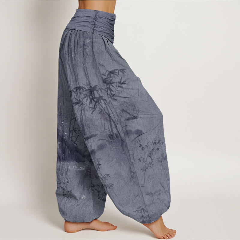 Pantalones harén con cintura elástica para mujer, informales, con pintura de tinta de roca de bambú y Buddha Stones - image 2