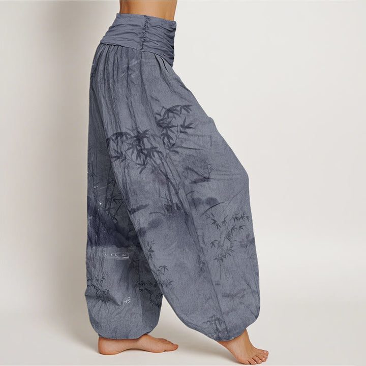 Pantalones harén con cintura elástica para mujer, informales, con pintura de tinta de roca de bambú y Buddha Stones - image 2
