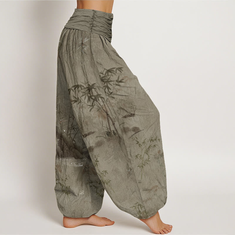 Pantalones harén con cintura elástica para mujer, informales, con pintura de tinta de roca de bambú y Buddha Stones - image 6