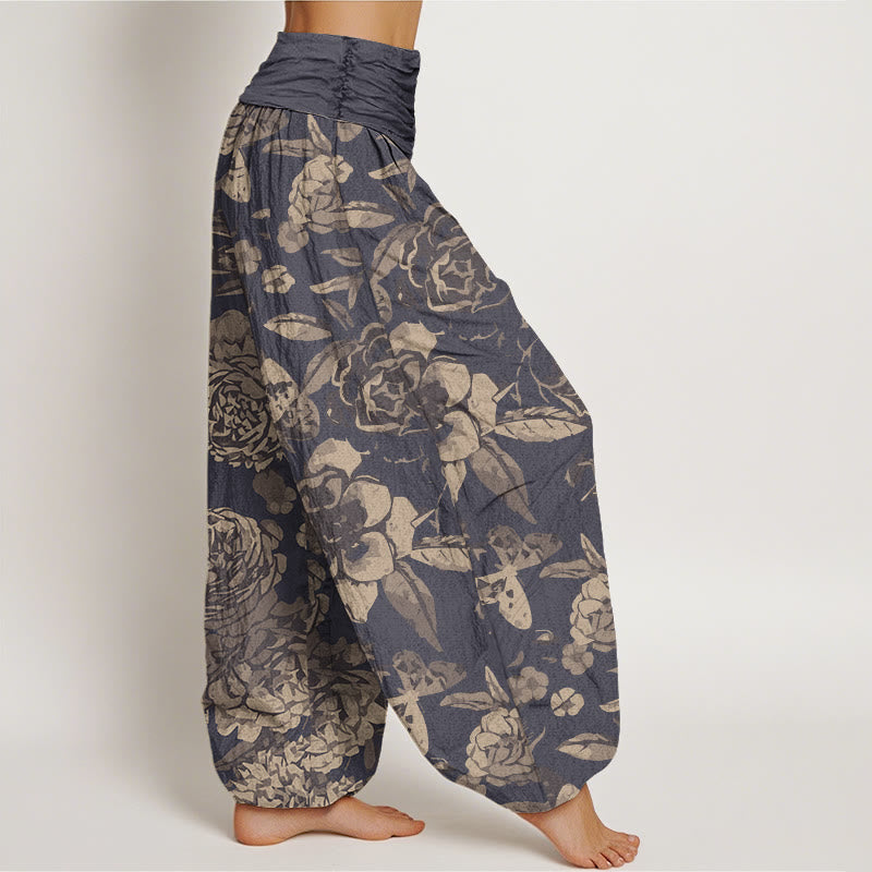 Pantalones harén con cintura elástica para mujer, informales, con diseño de flores de peonía y hojas de Buddha Stones - image 2