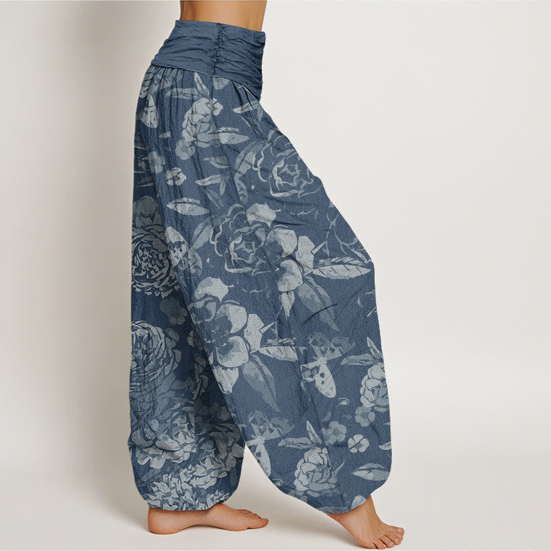 Pantalones harén con cintura elástica para mujer, informales, con diseño de flores de peonía y hojas de Buddha Stones - image 9