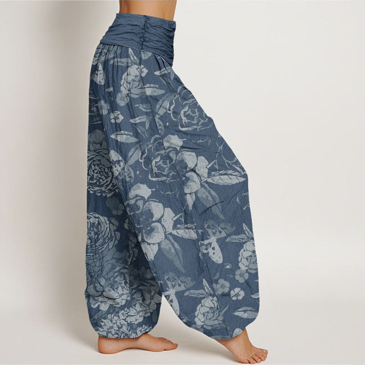 Pantalones harén con cintura elástica para mujer, informales, con diseño de flores de peonía y hojas de Buddha Stones - image 9