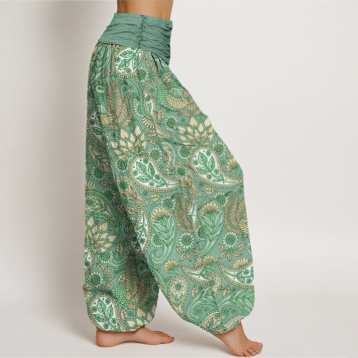 Pantalones harén con cintura elástica para mujer con diseño de flor de anacardo, pavo real y girasol y Buddha Stones - image 6