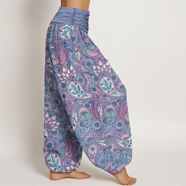 Pantalones harén con cintura elástica para mujer con diseño de flor de anacardo, pavo real y girasol y Buddha Stones - image 9