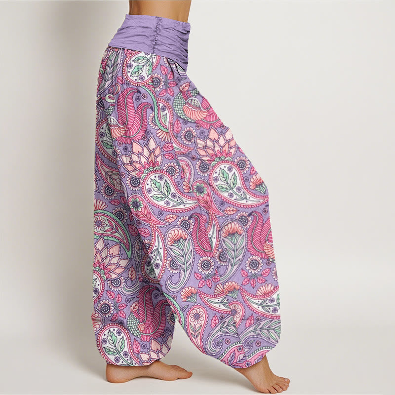 Pantalones harén con cintura elástica para mujer con diseño de flor de anacardo, pavo real y girasol y Buddha Stones - image 2