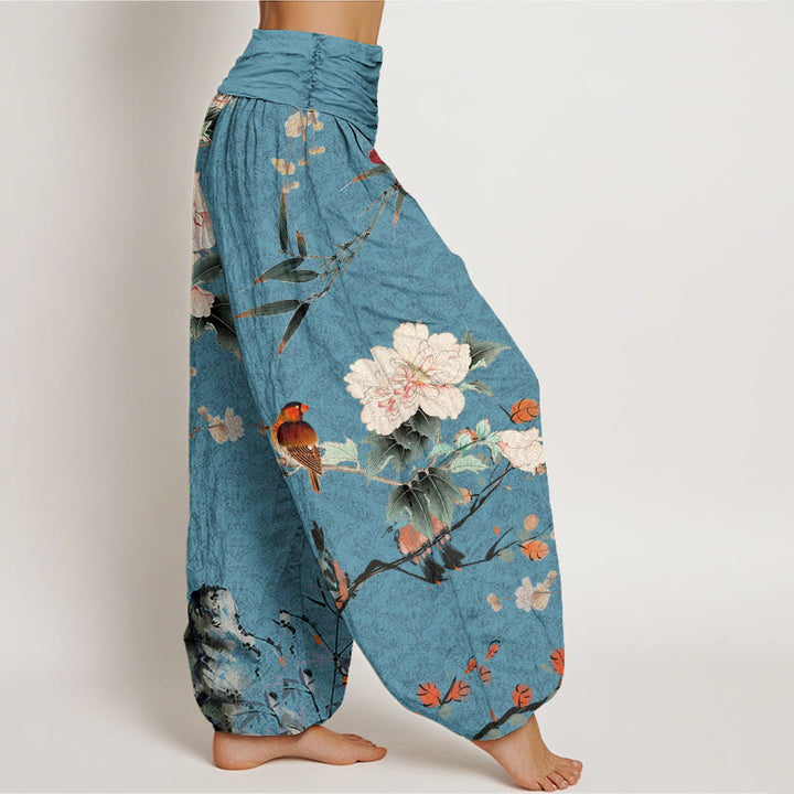Pantalones harén con cintura elástica para mujer, diseño de mandala, ramas de flores en flor, pájaros, currucas y Buddha Stones - image 6