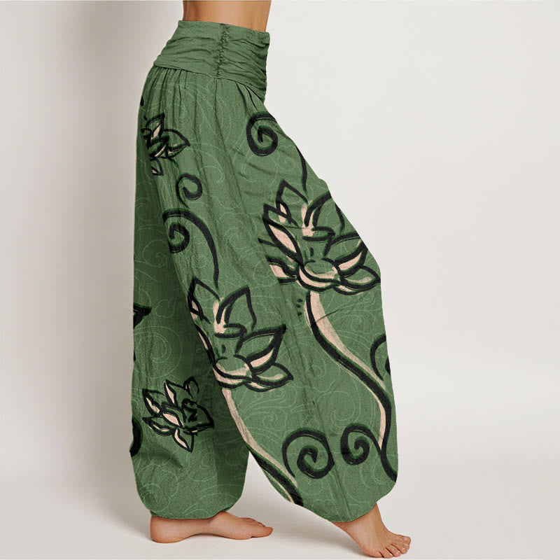 Pantalones harén con cintura elástica para mujer, diseño informal de nubes auspiciosas y Buddha Stones - image 3