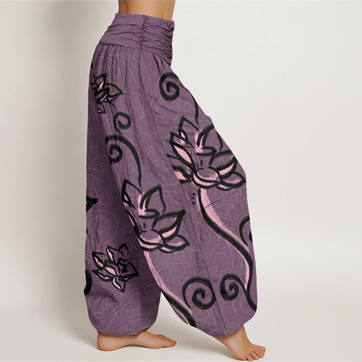 Pantalones harén con cintura elástica para mujer, diseño informal de nubes auspiciosas y Buddha Stones - image 10