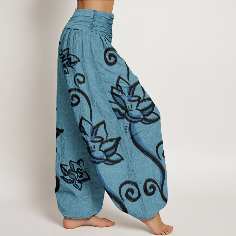 Pantalones harén con cintura elástica para mujer, diseño informal de nubes auspiciosas y Buddha Stones - image 7