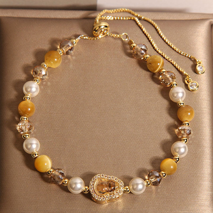 Pulsera de la prosperidad con piedra de ojo de gato amarilla y calabaza perlada de Buddha Stones - Ojo de gato amarillo y perla (circunferencia de la muñeca: 14-18 cm) - image 1