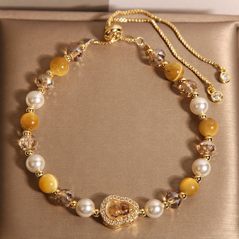Pulsera de la prosperidad con piedra de ojo de gato amarilla y calabaza perlada de Buddha Stones - Ojo de gato amarillo y perla (circunferencia de la muñeca: 14-18 cm) - image 1