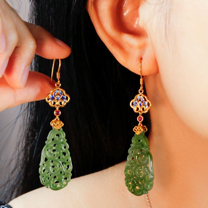 Pendientes de prosperidad de plata de ley 925 con jade hetiano hueco y esmalte de Buddha Stones - image 6