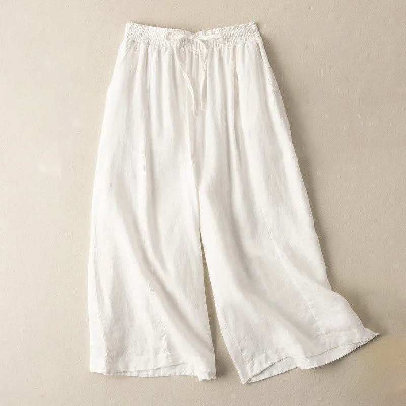 Pantalones capri de algodón y lino para mujer, de pierna ancha y bolsillos , de Buddha Stones, color liso, longitud 7-8 - Blanco - US12, UK/AU16, EU44 (3XL) - image 7