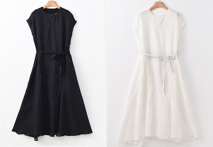 Vestido largo de lino y algodón con mangas cortas y dobladillo irregular liso con Buddha Stones - image 23