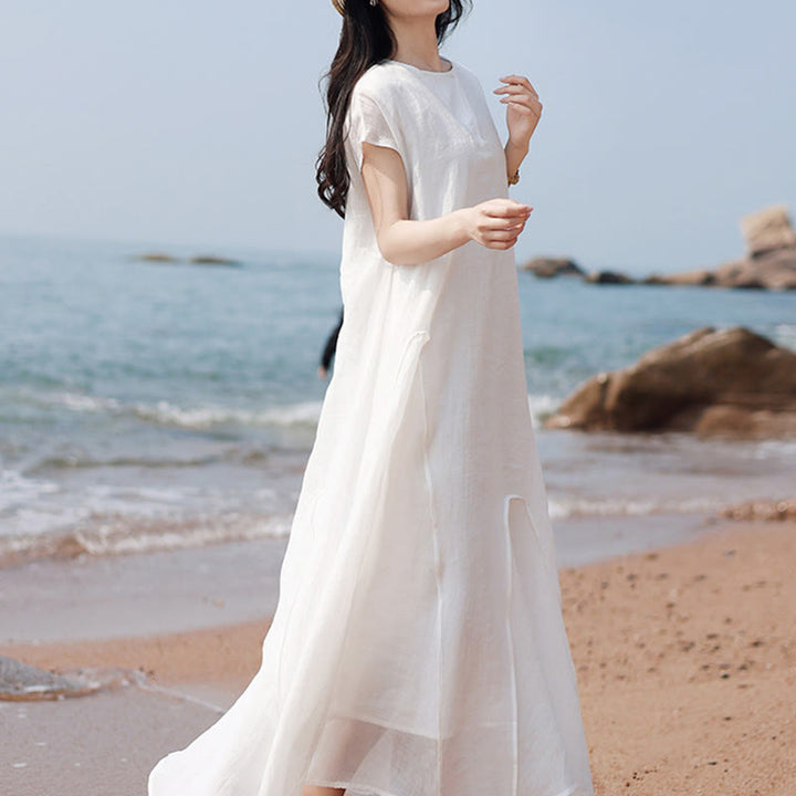 Vestido largo de lino y algodón con mangas cortas y dobladillo irregular liso con Buddha Stones - image 16