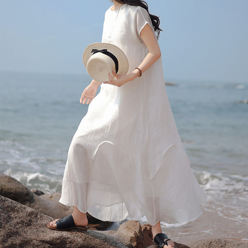 Vestido largo de lino y algodón con mangas cortas y dobladillo irregular liso con Buddha Stones - image 14