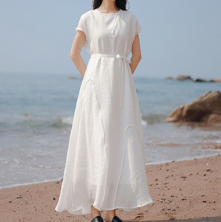 Vestido largo de lino y algodón con mangas cortas y dobladillo irregular liso con Buddha Stones - image 15