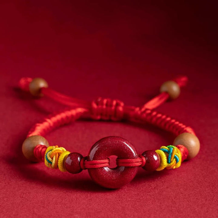 Pulsera de madera de melocotón con Buddha Stones, hilo rojo, hebilla de paz, protección de cinabrio para adultos y niños - Niño (circunferencia de la muñeca: 11-12 cm) - image 1