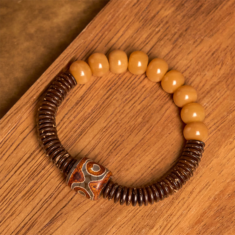 Pulsera de sabiduría de cáscara de coco con cuentas Dzi de semillas de bodhi tibetanas y Buddha Stones