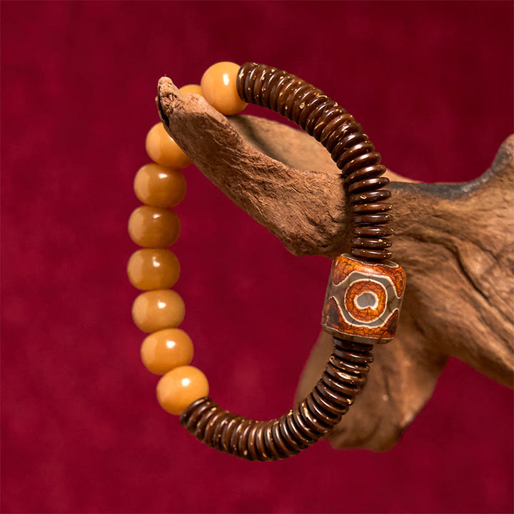 Pulsera de sabiduría de cáscara de coco con cuentas Dzi de semillas de bodhi tibetanas y Buddha Stones