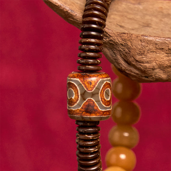 Pulsera de sabiduría de cáscara de coco con cuentas Dzi de semillas de bodhi tibetanas y Buddha Stones